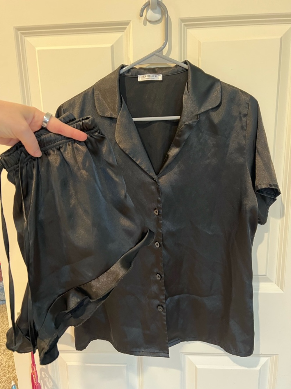 Eloquii Black Satin Button-Up Short Sleeve Set